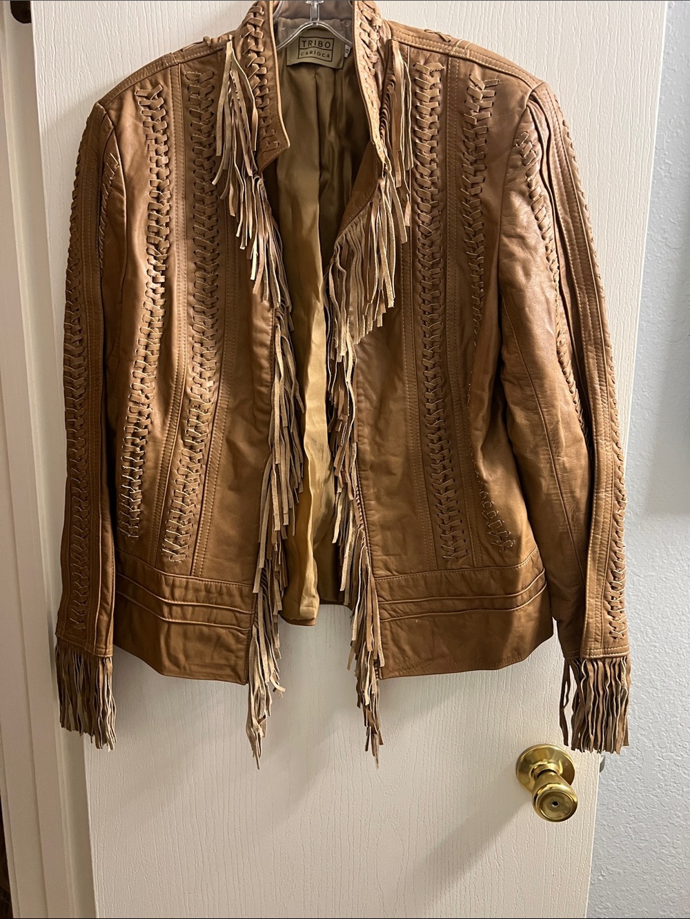 Tribal Tan Leather Fringe Jacket with Braided Detail